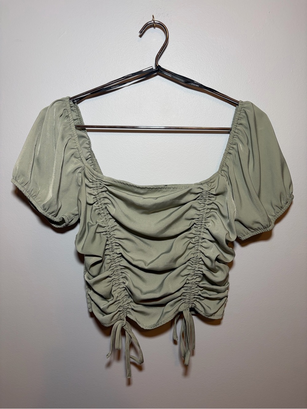 Women's Sage Green Ruched Puff Sleeve Crop Top